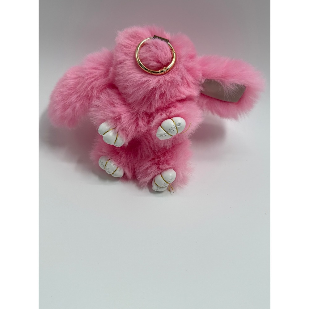 Pink Faux Fur Bunny Keychain Plush Rabbit Bag Charm Gold Ring Accessory